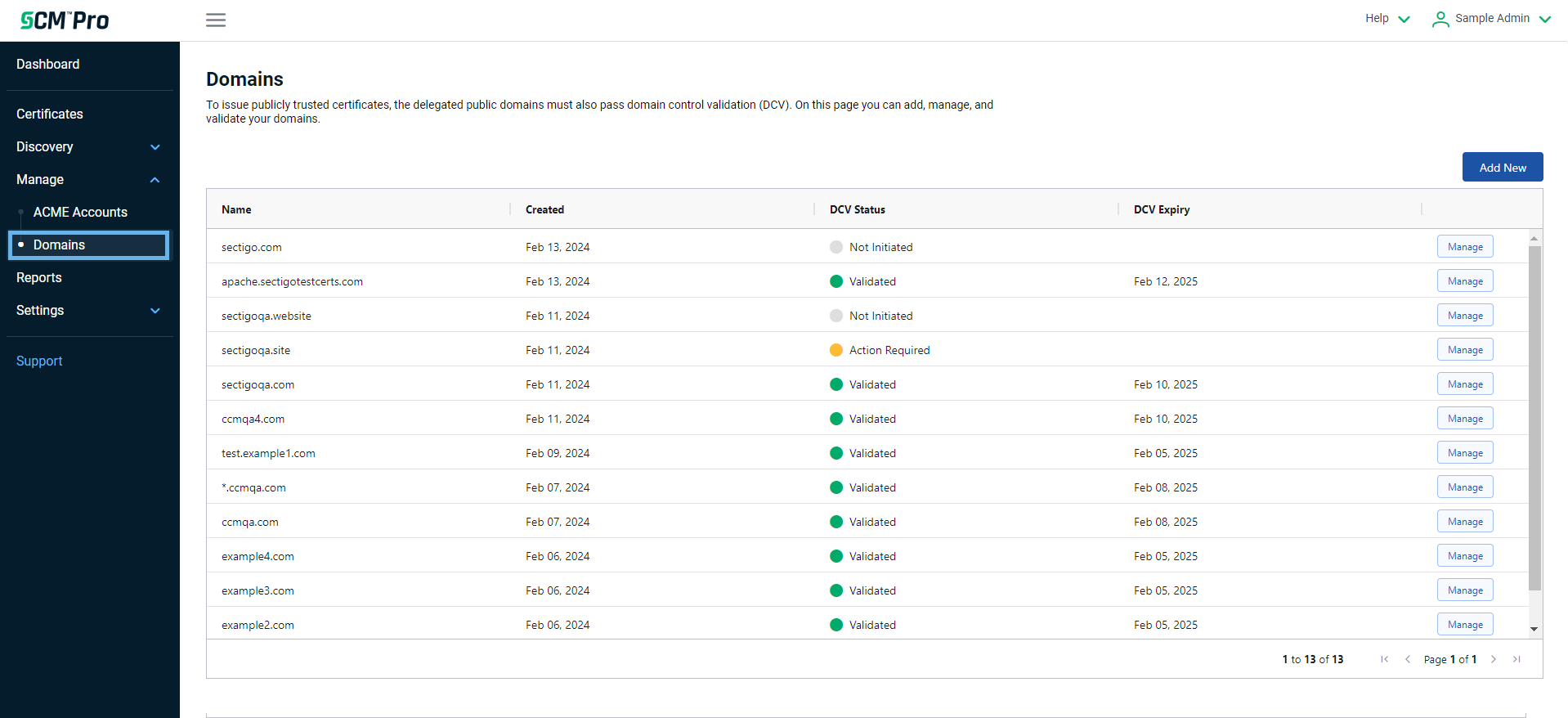 Domains page