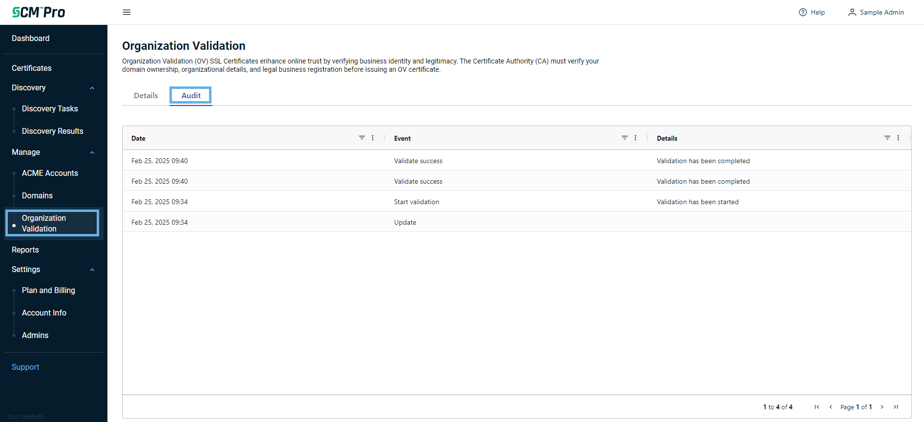 Organization Validation page audit tab