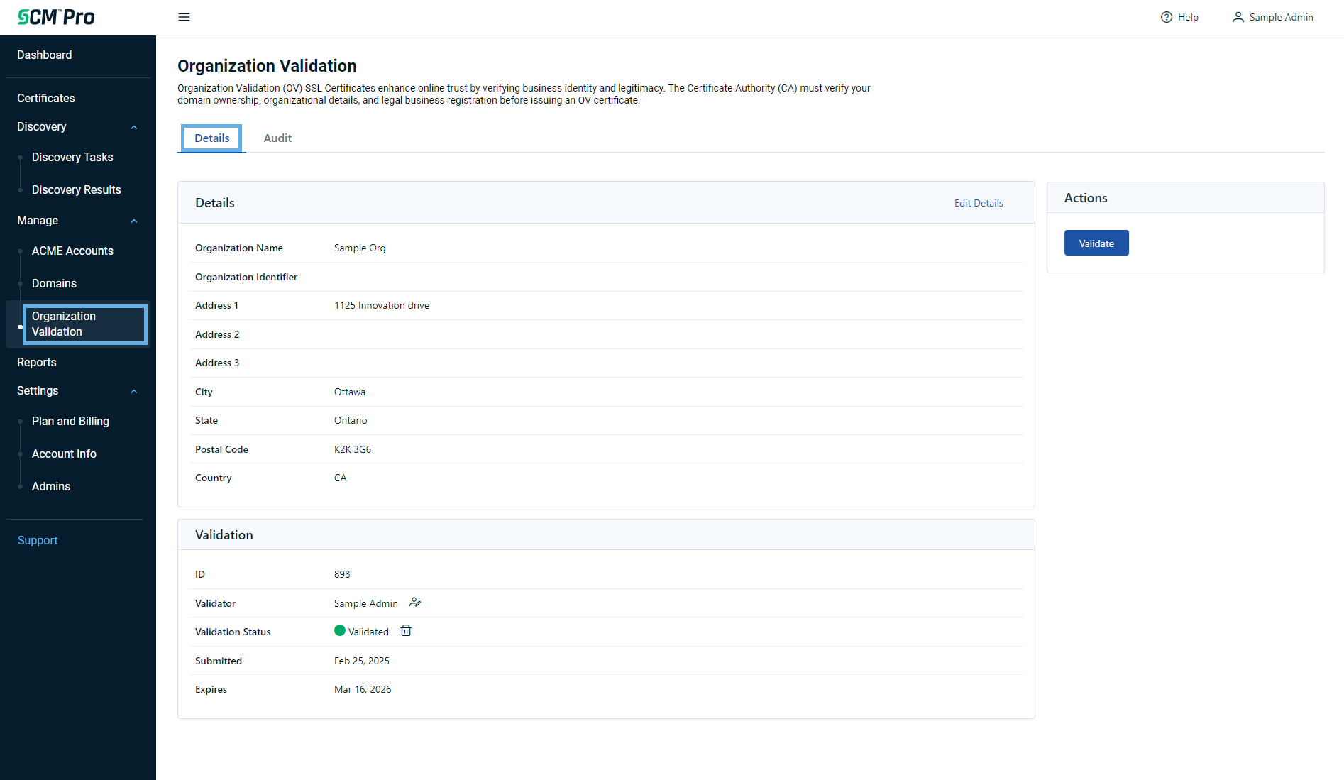 Organization Validation page details tab