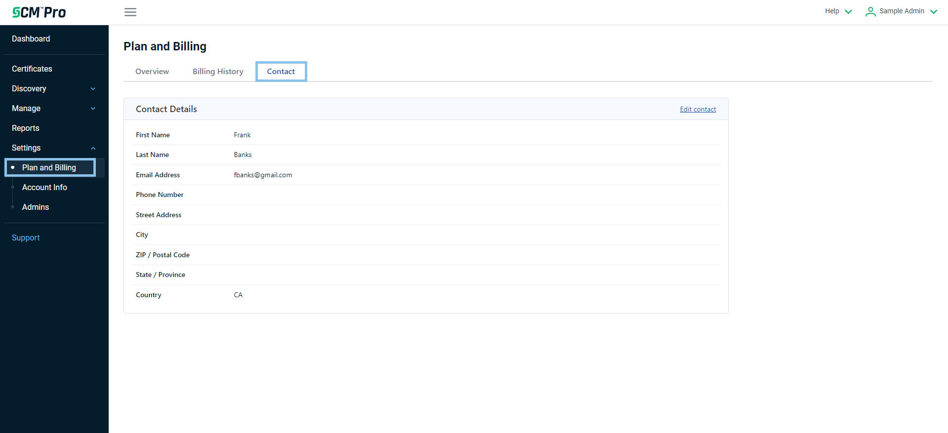 Plan and billing page contact tab
