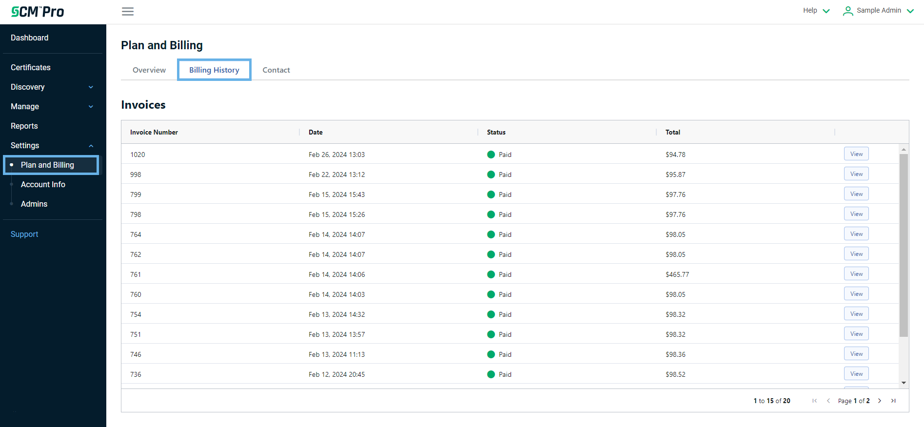 Plan and billing page billing history tab