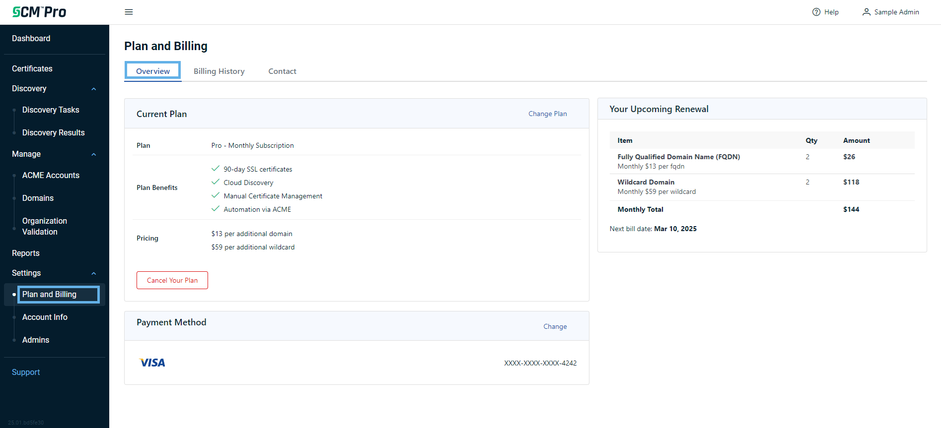 Plan and billing page overview tab