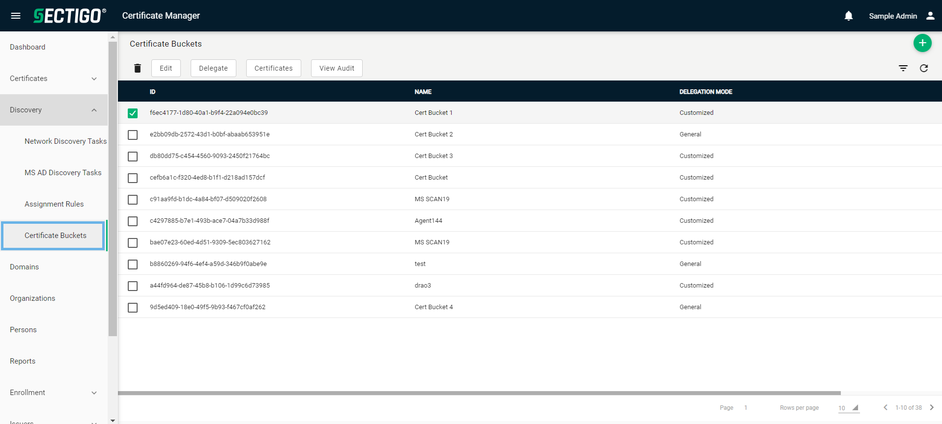 Certificate Buckets page