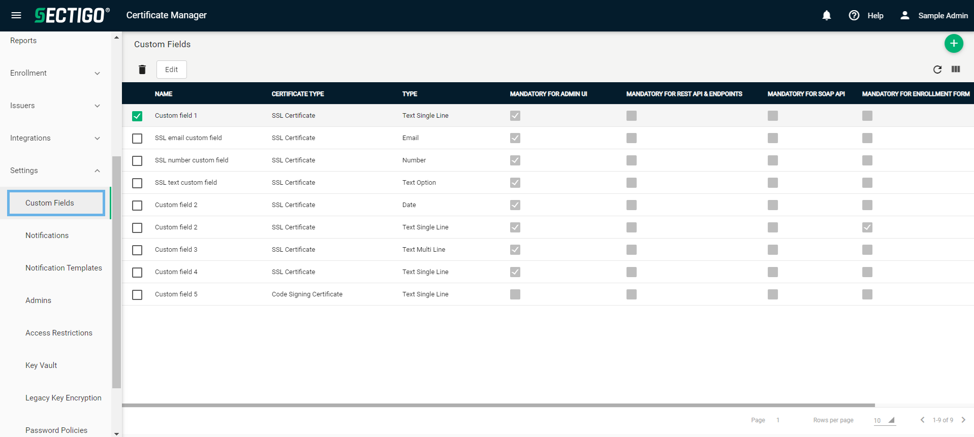 Custom fields page