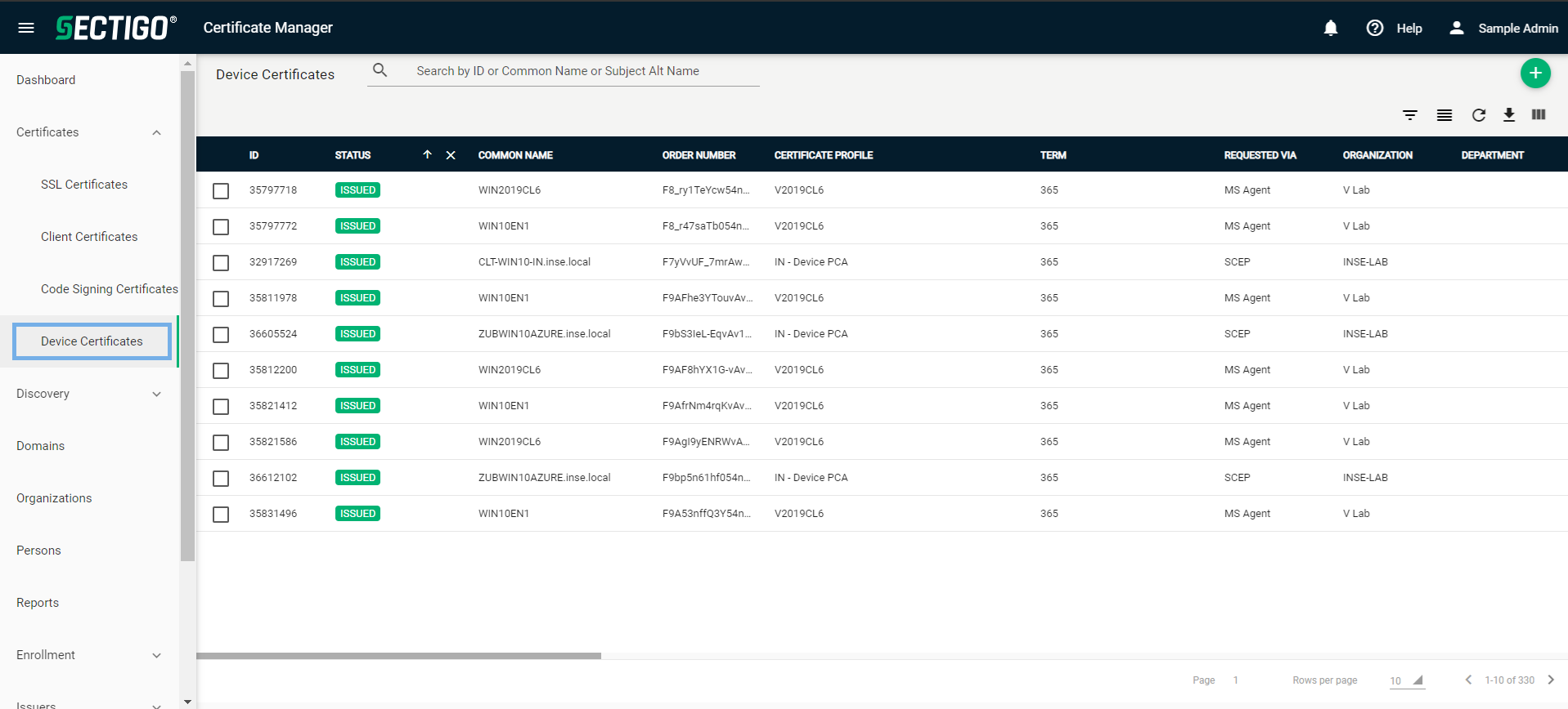 Device Certificates page