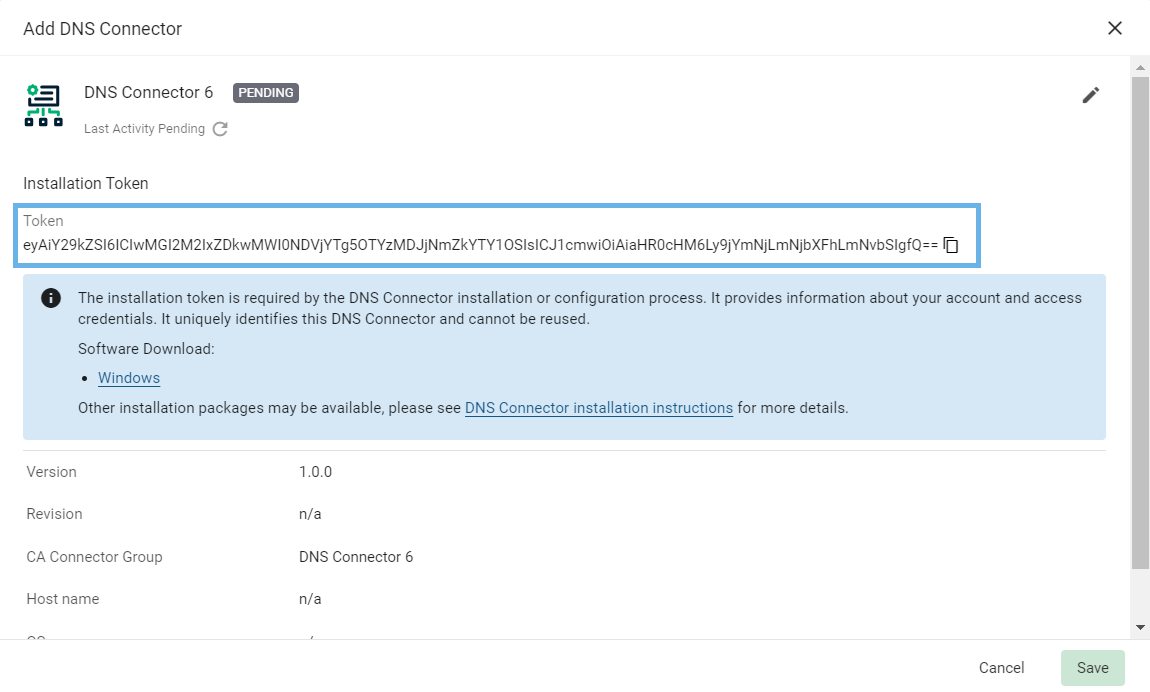 DNS connector Installation Token