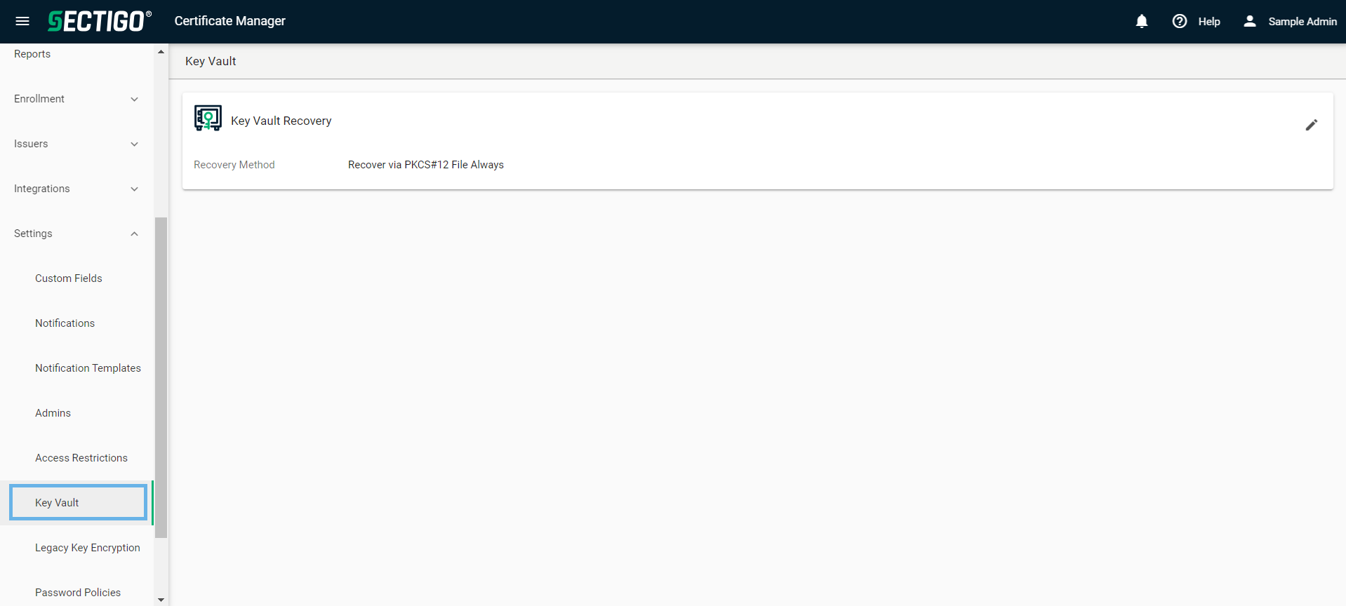 Sectigo Key Vault page