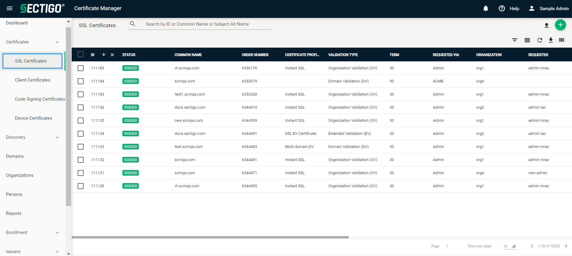 SSL Certificates page