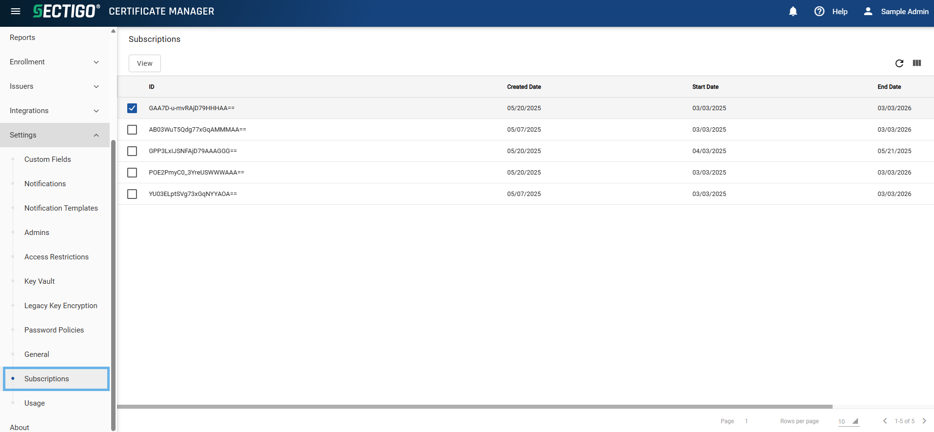 Subscriptions page