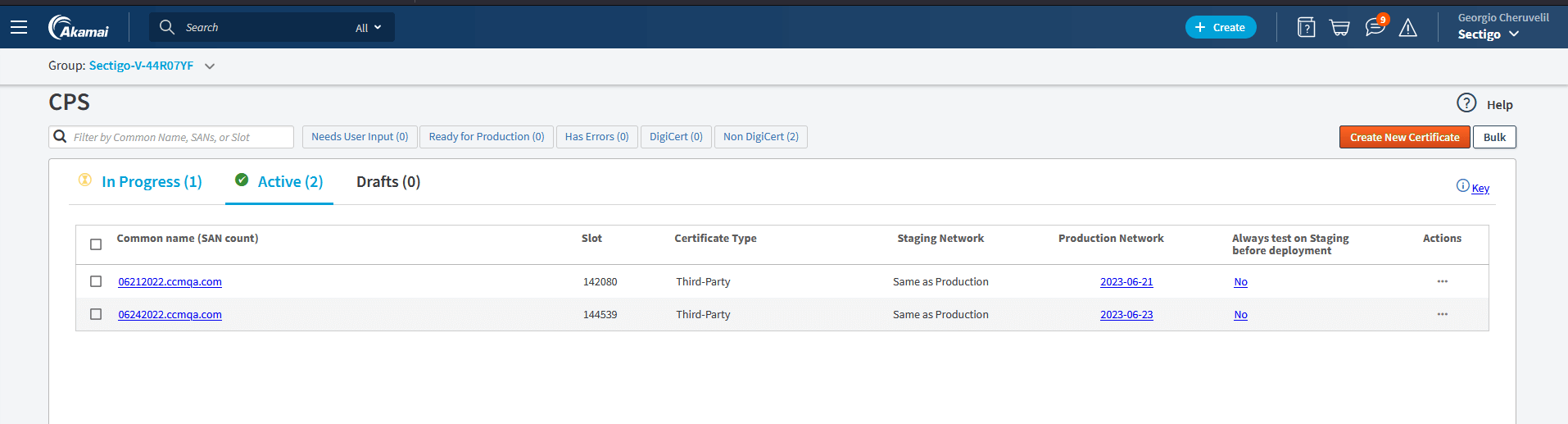 Provisioned certificates in Akamai CPS