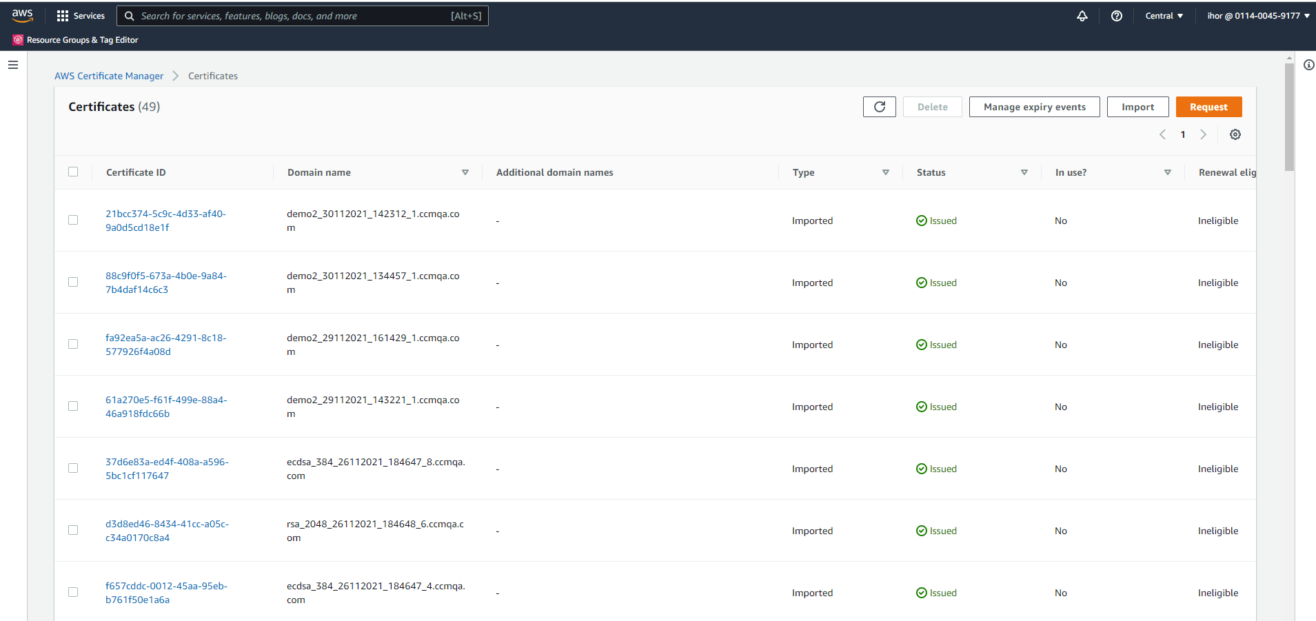 Issued certificates in AWS CM