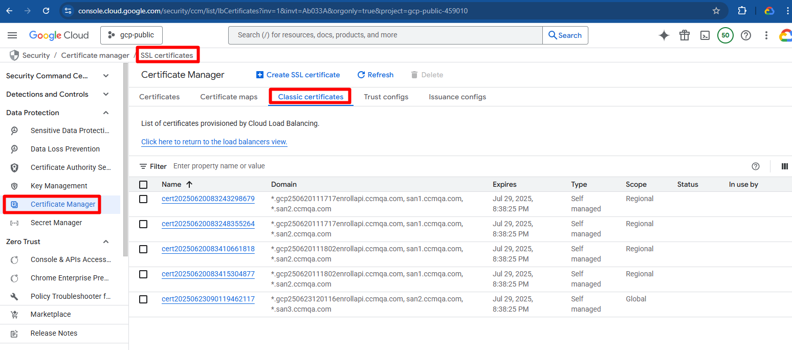 View certificates in GCP