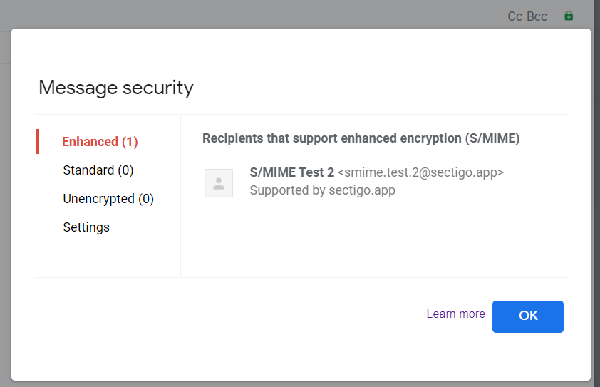 Recipients with support for S/MIME encryption