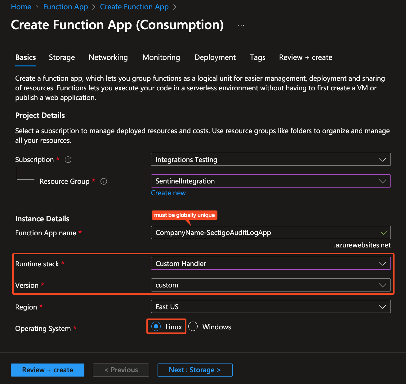 Create Function App details