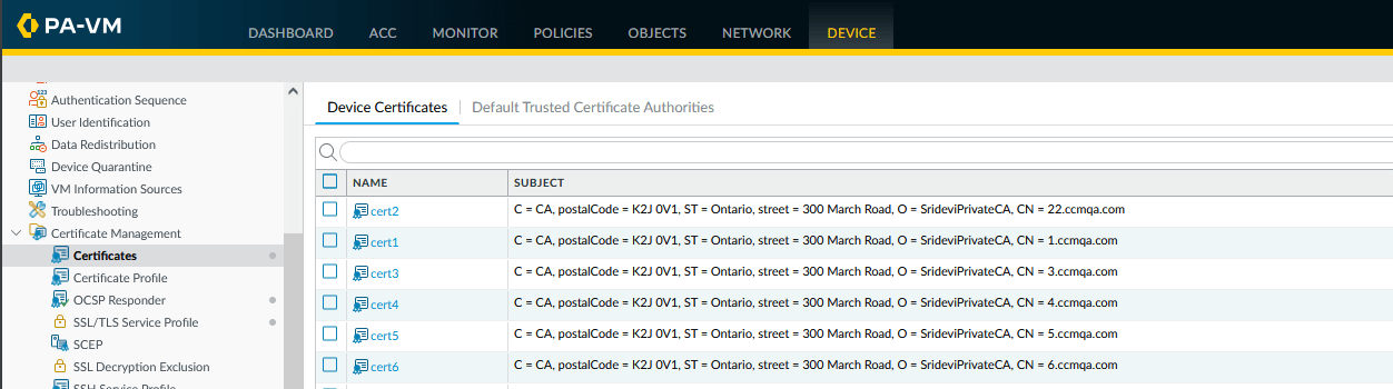 Palo Alto Firewall certificate management area
