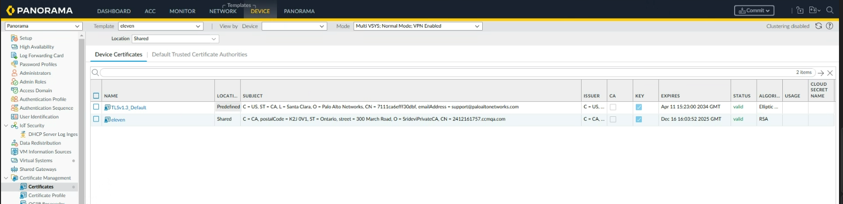Panorama Device certificates