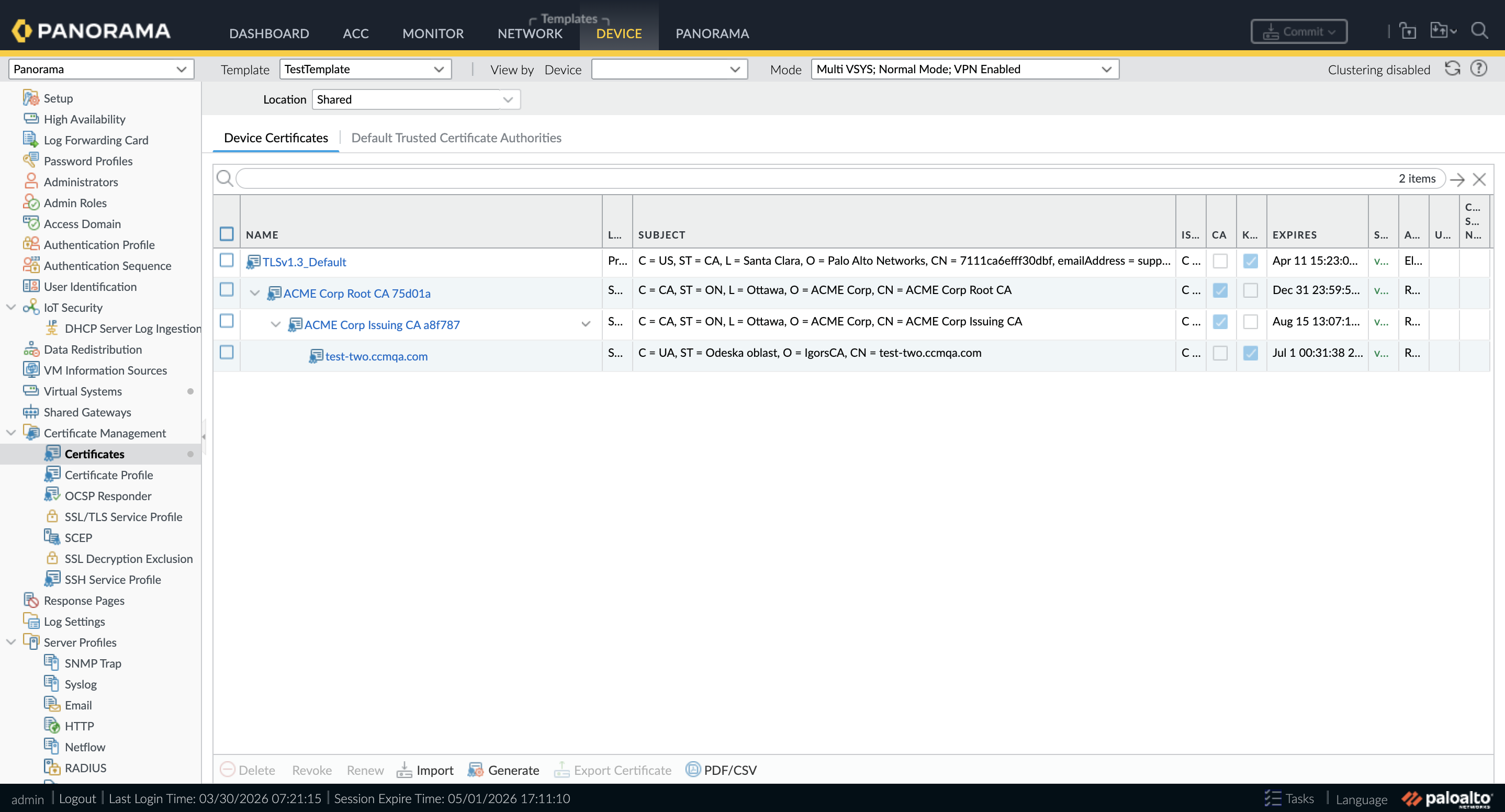 Panorama Device certificates