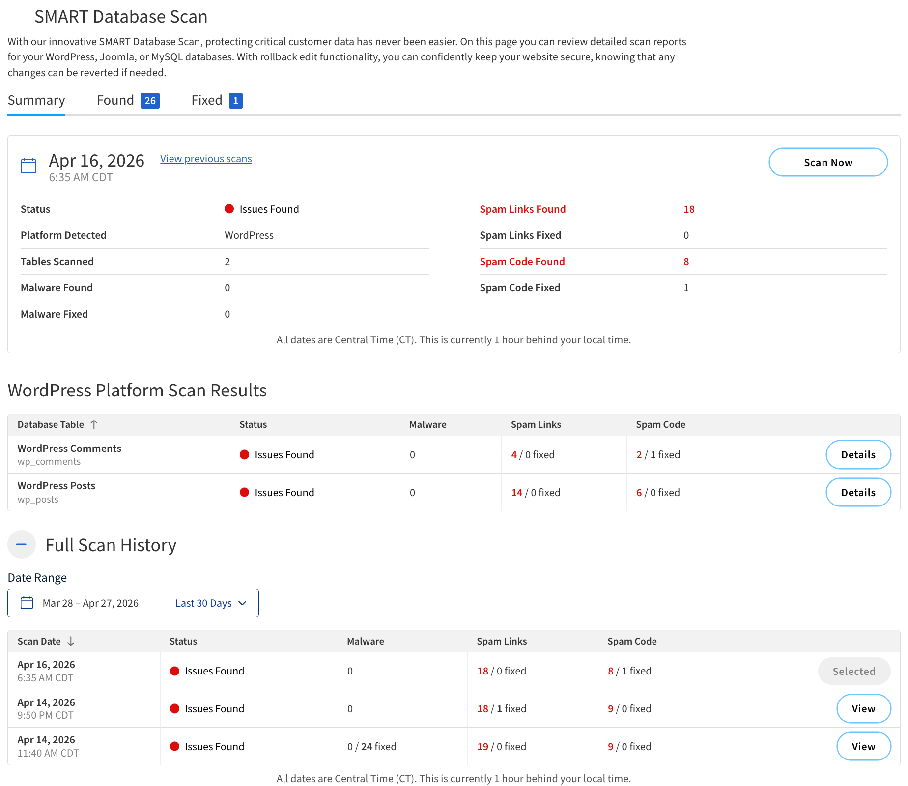 SMART Database Scan Page