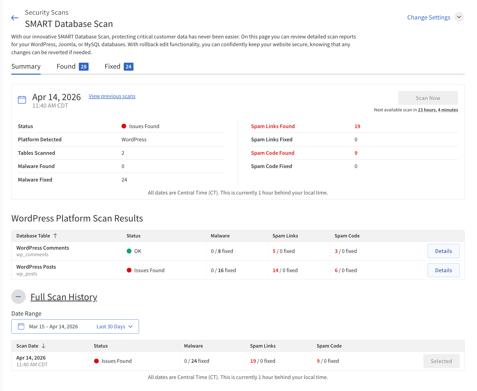 SMART Database Scan summary