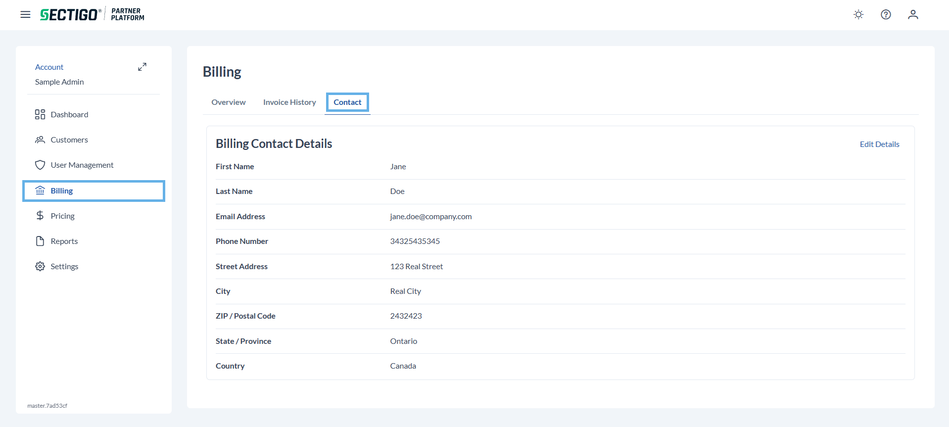 Billing page contact tab