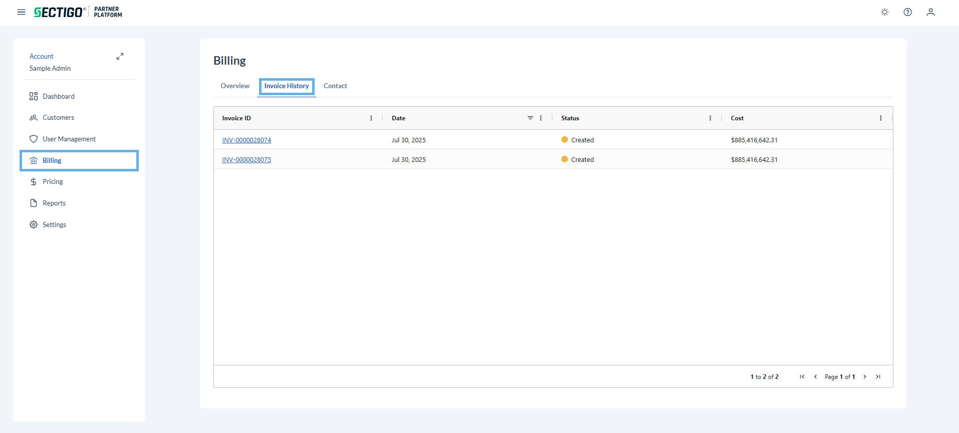Billing page invoice tab