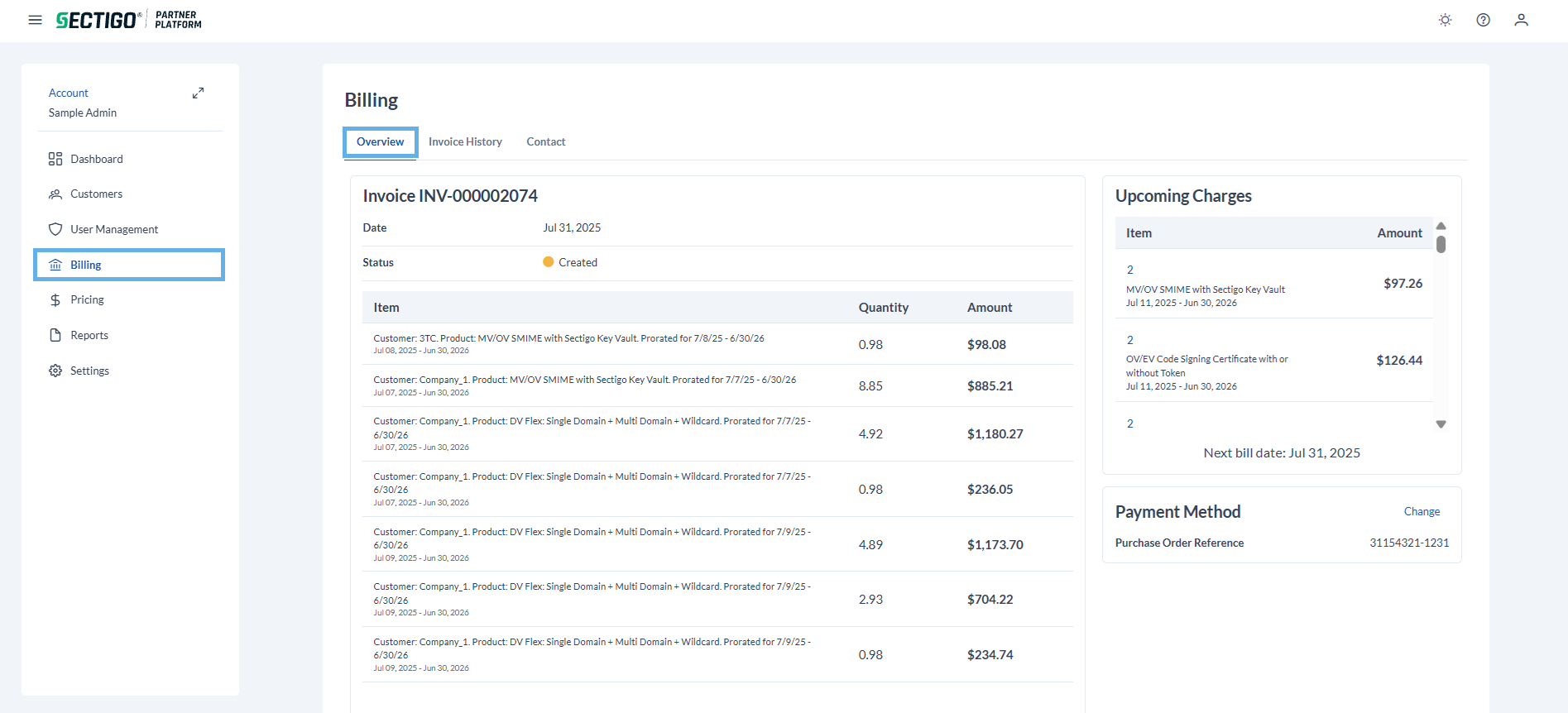 Billing page overview tab