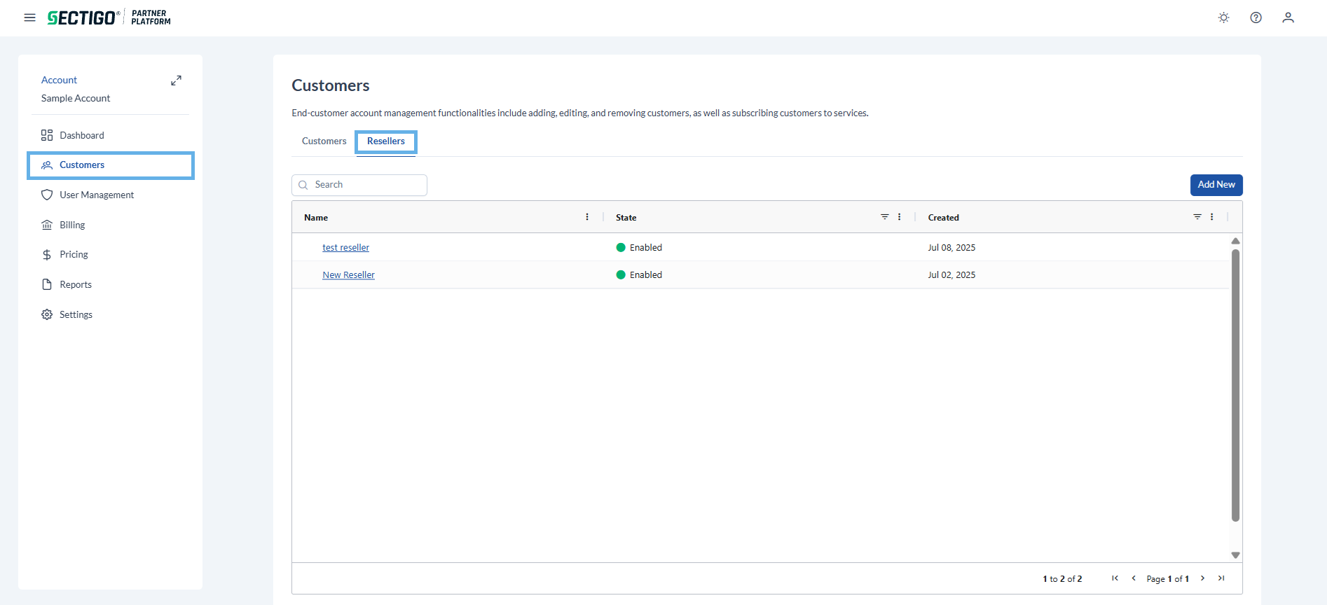 Customers page resellers tab