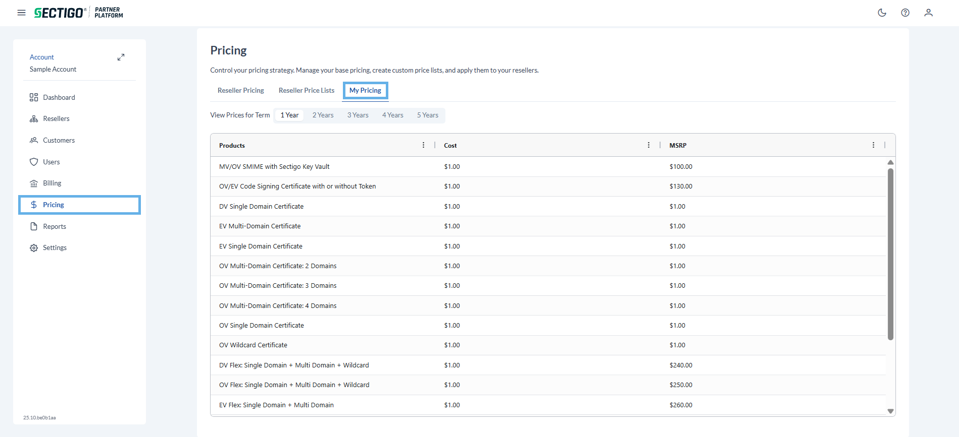 Pricing page my pricing tab