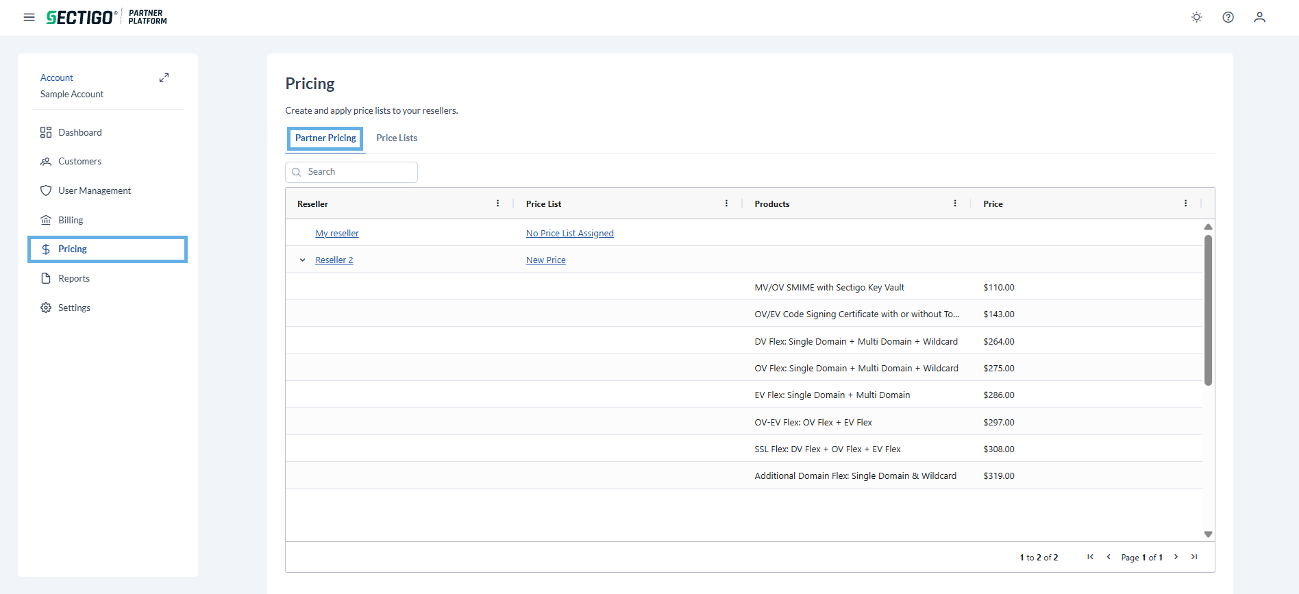 Pricing page partner pricing tab