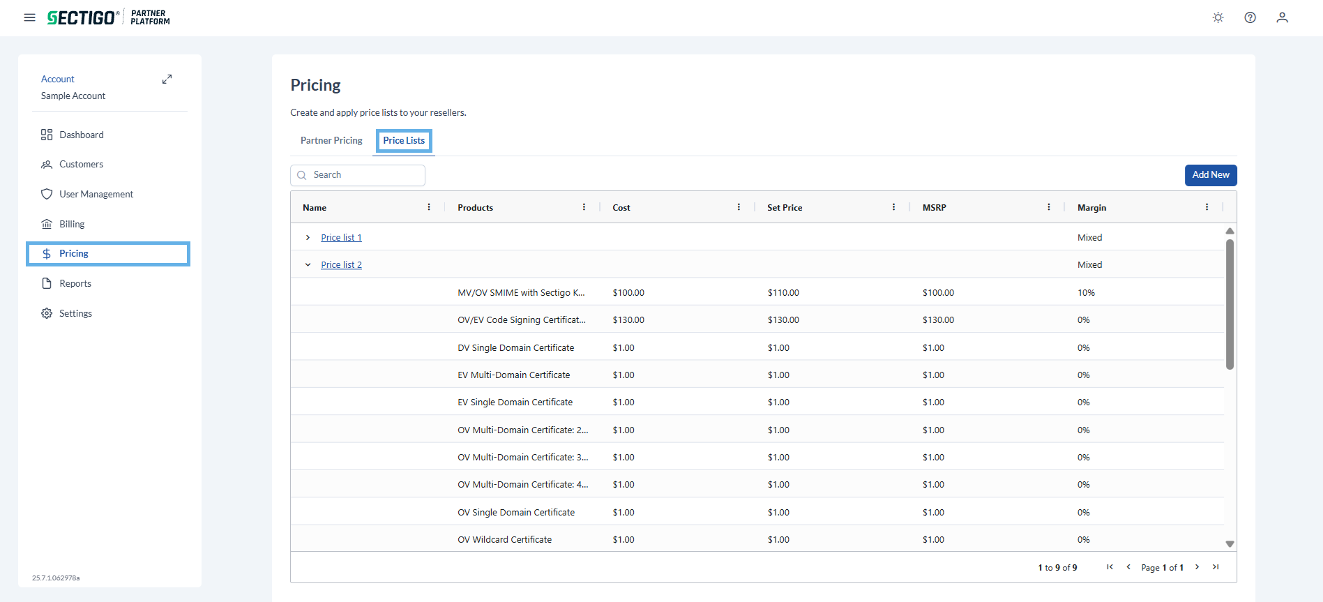 Pricing page price lists tab