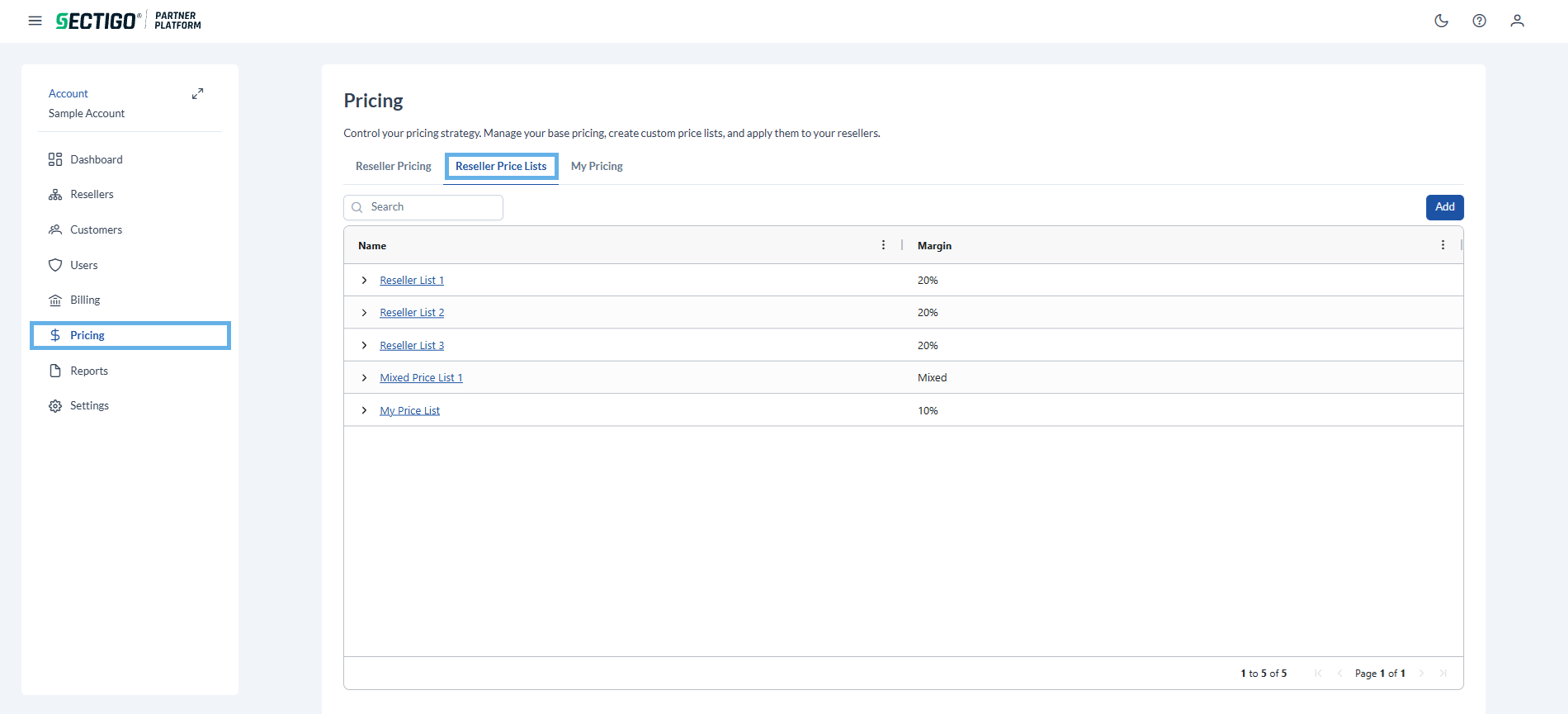 Pricing page reseller price lists tab