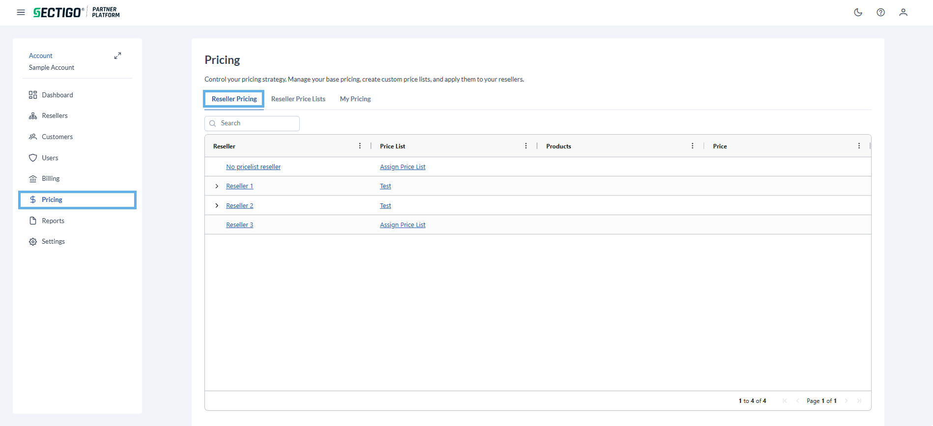 Pricing page reseller pricing tab
