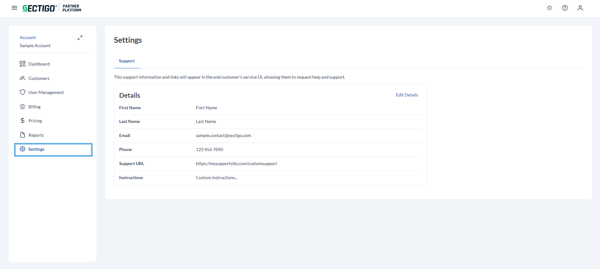 Settings page