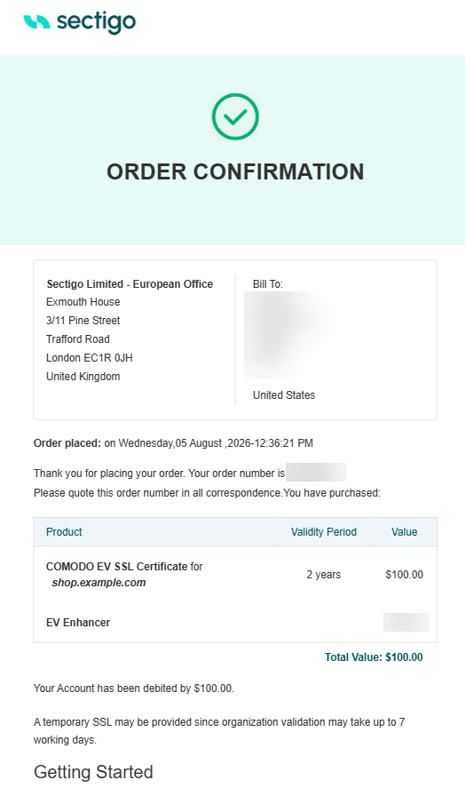 EV SSL Order confirmation email